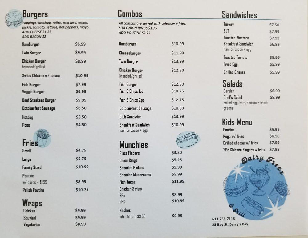 Menu at Dairy Freez & Grill restaurant, Barry's Bay