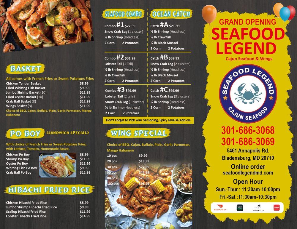 Menu at Seafood Legend restaurant, Bladensburg