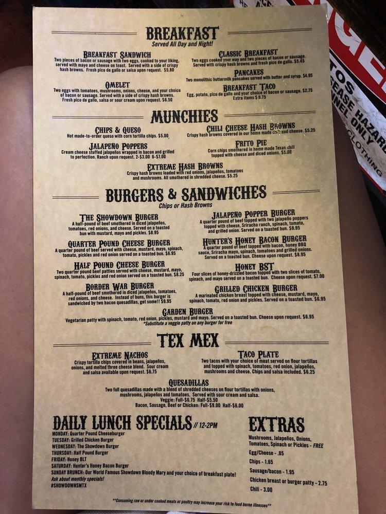 Menu at Showdown pub & bar, San Marcos