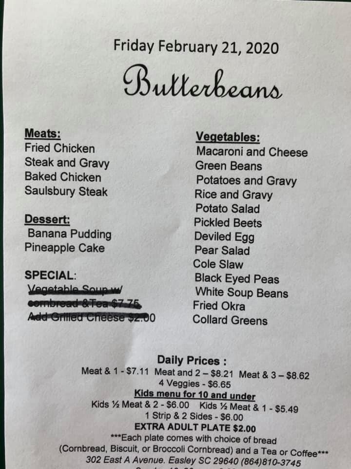 Menu at Butterbeans Restaurant, Easley