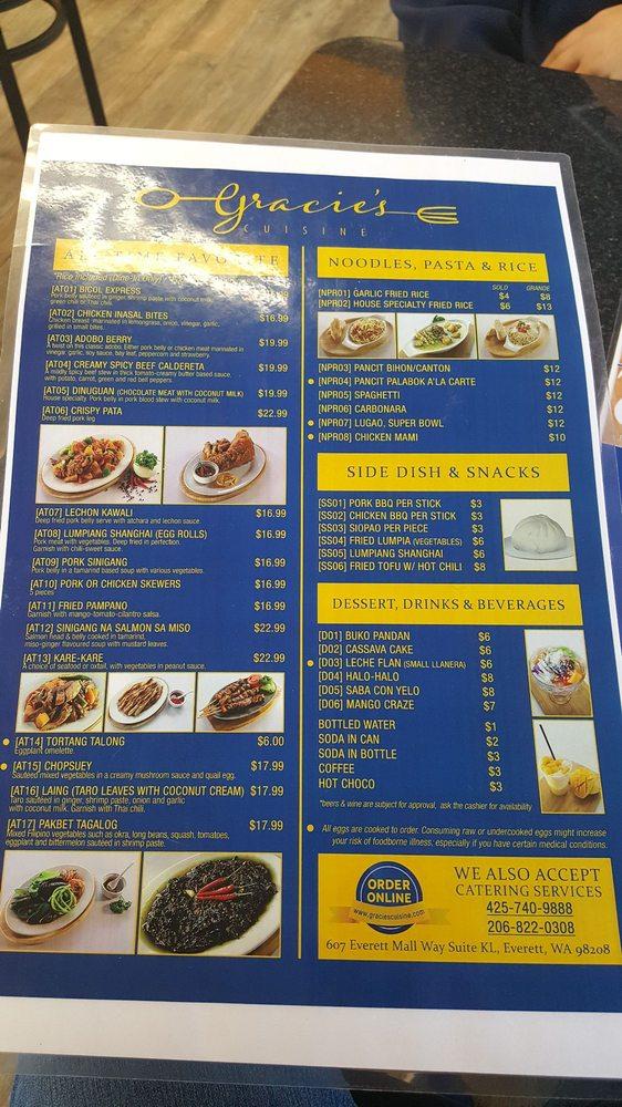 Menu at Gracie's Cuisine restaurant, Everett