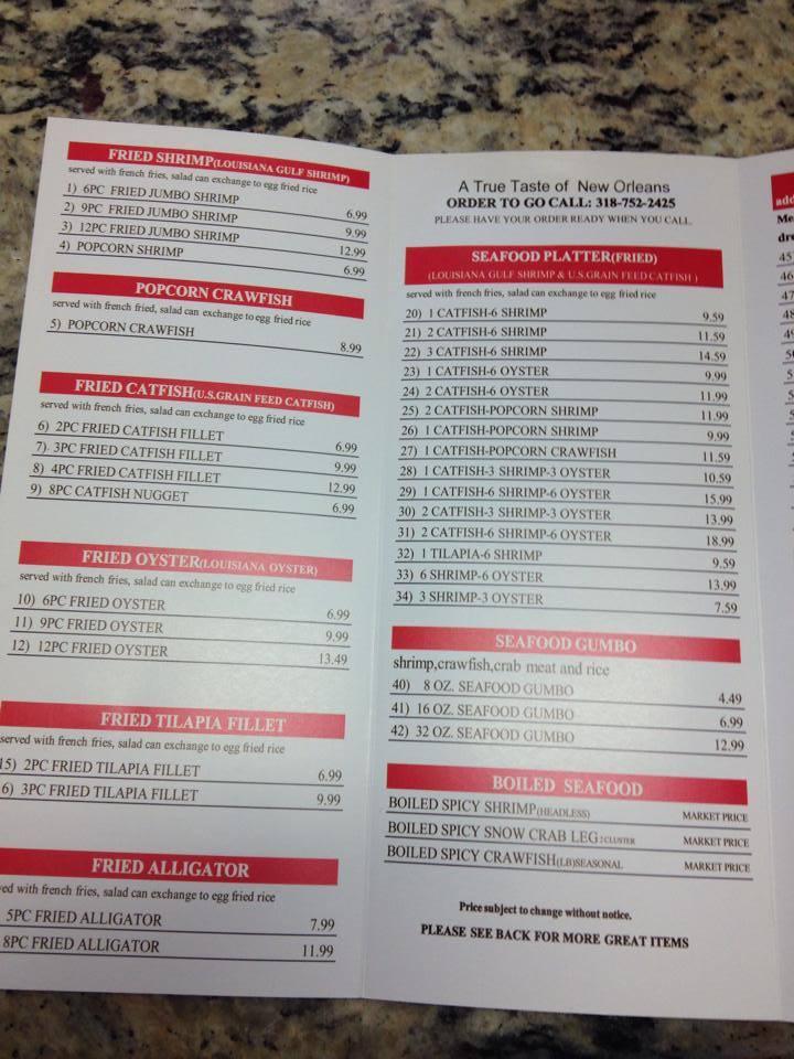 Menu at Kim's Seafood restaurant, Bossier City, 901 Benton Rd