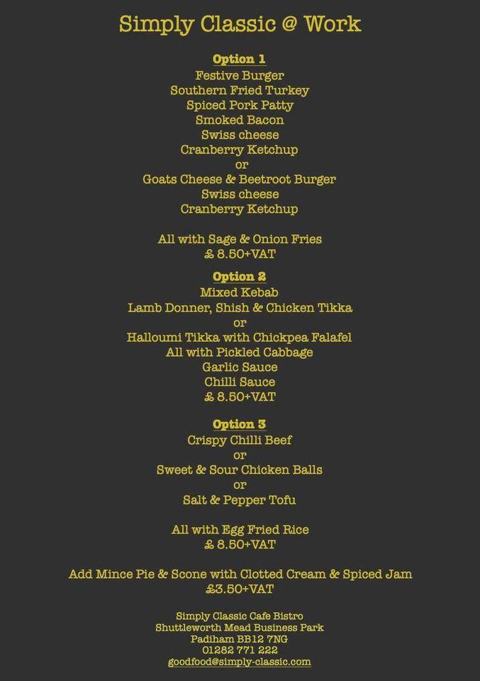 Menu at Simply Classic cafe, Burnley, 9b Meadway