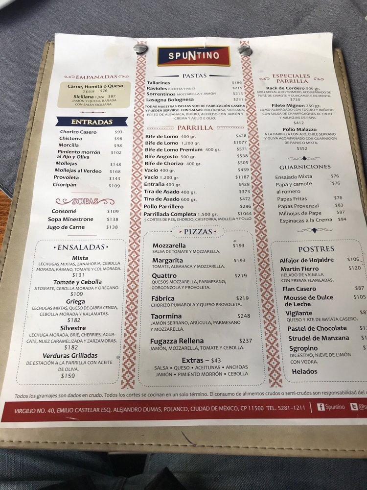 Carta del restaurante Spuntino Polanquito, Ciudad del México, Av. Emilio Castelar 95