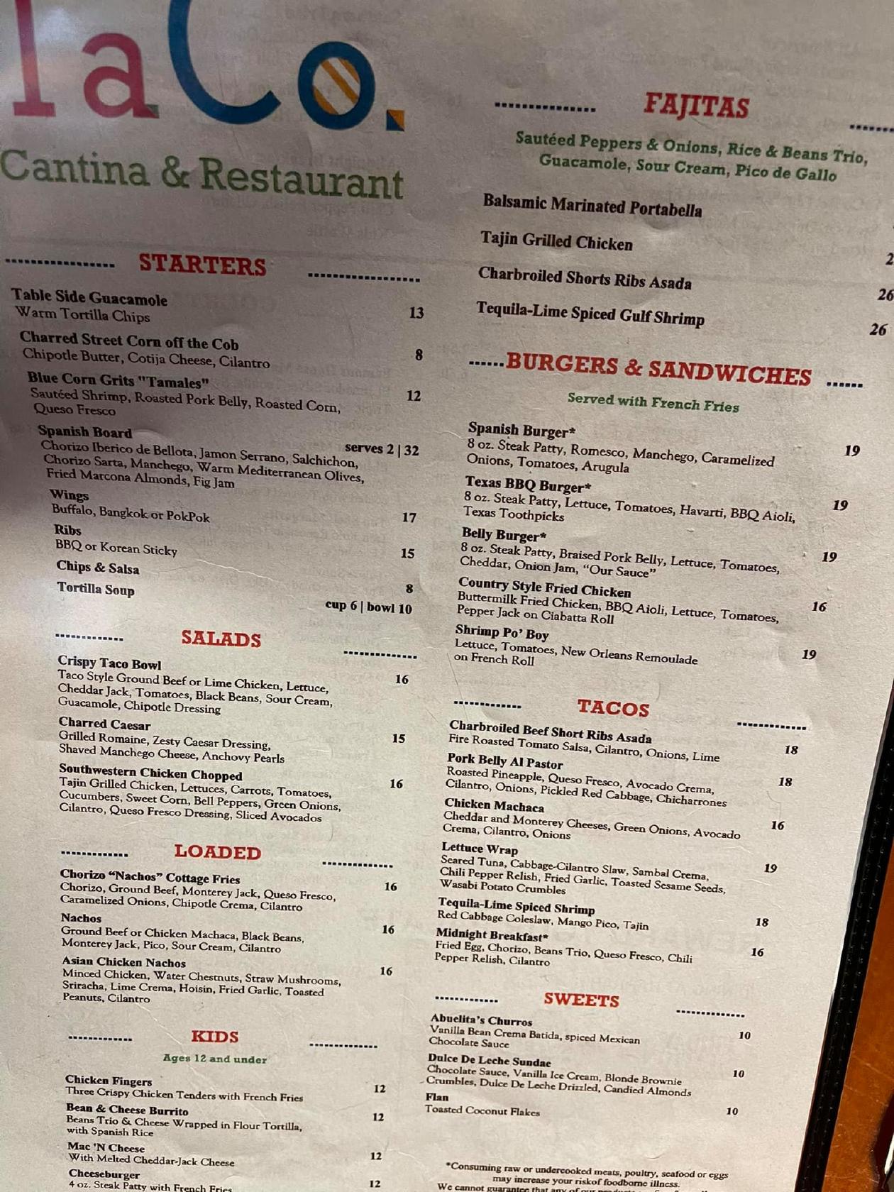 Menu at TaCo. Cantina & Restaurant, Stateline, 18 Hwy 50