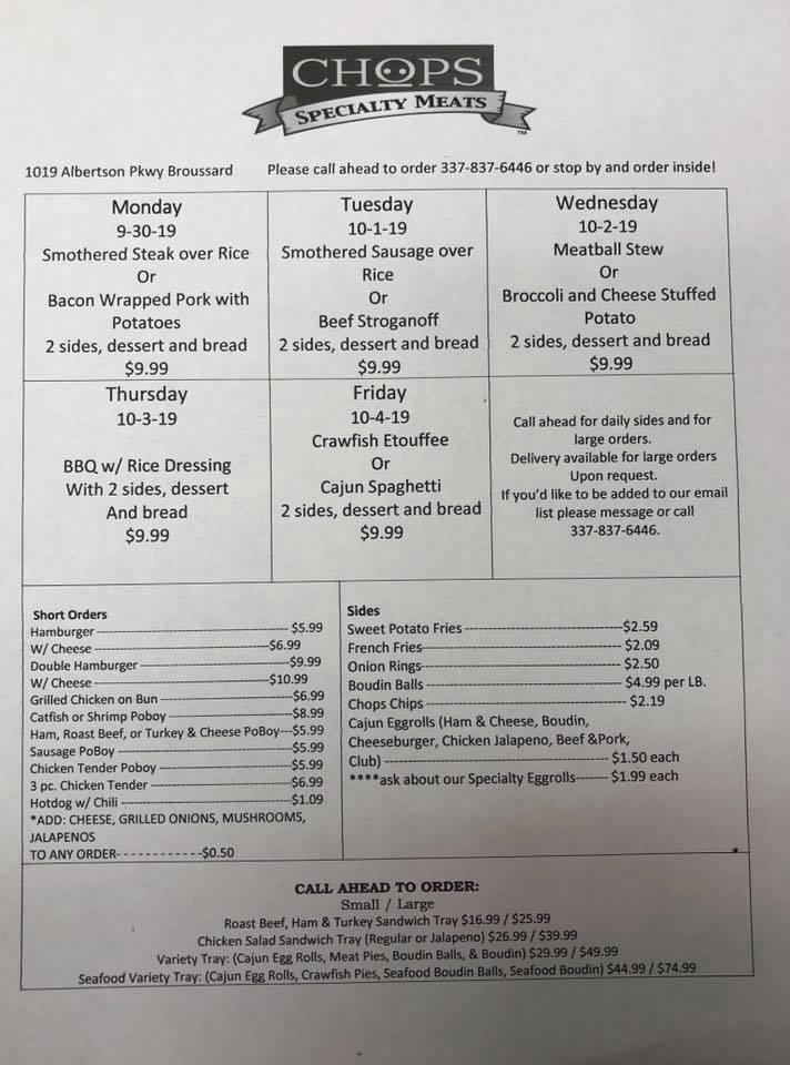 Menu at Chop's Specialty Meats, Broussard