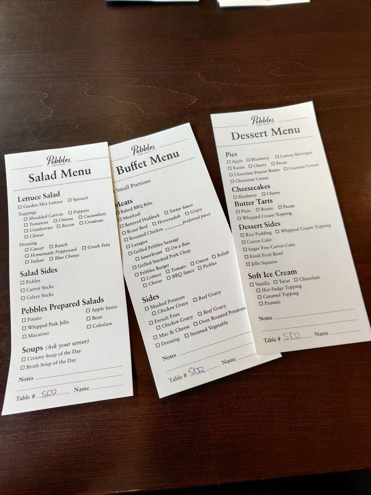 Menu at Pebbles Family Buffet restaurant, Durham