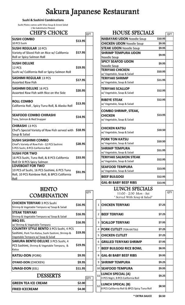 Menu at Sakura Restaurant, Fayetteville, Cliffdale Rd 1109