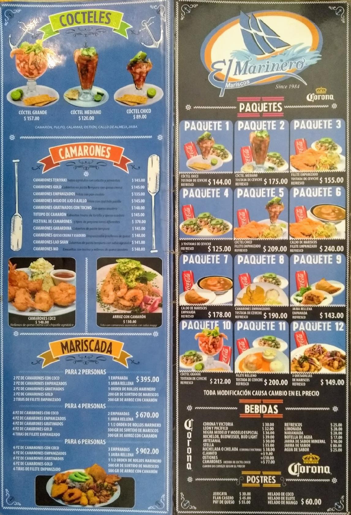 Menu at El marinero restaurant, San Luis Potosi, Av. Hernán Cortes 1072