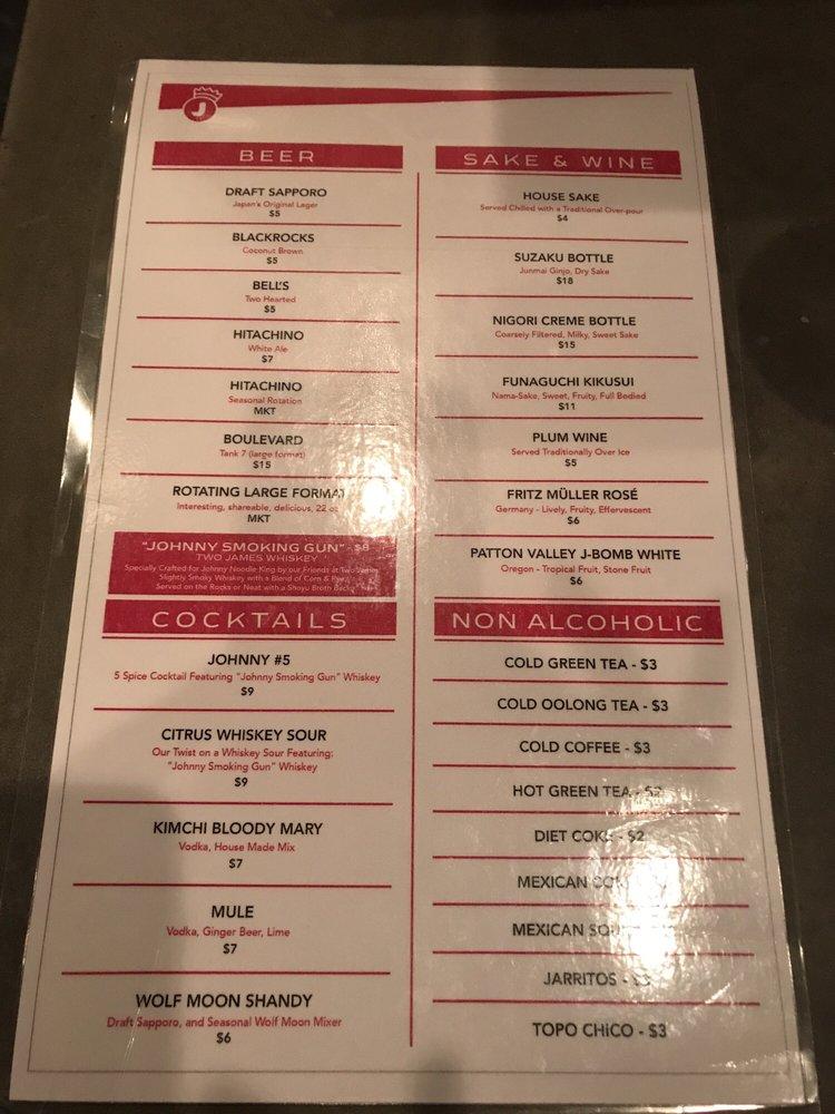 Menu at Johnny Noodle King restaurant, Detroit