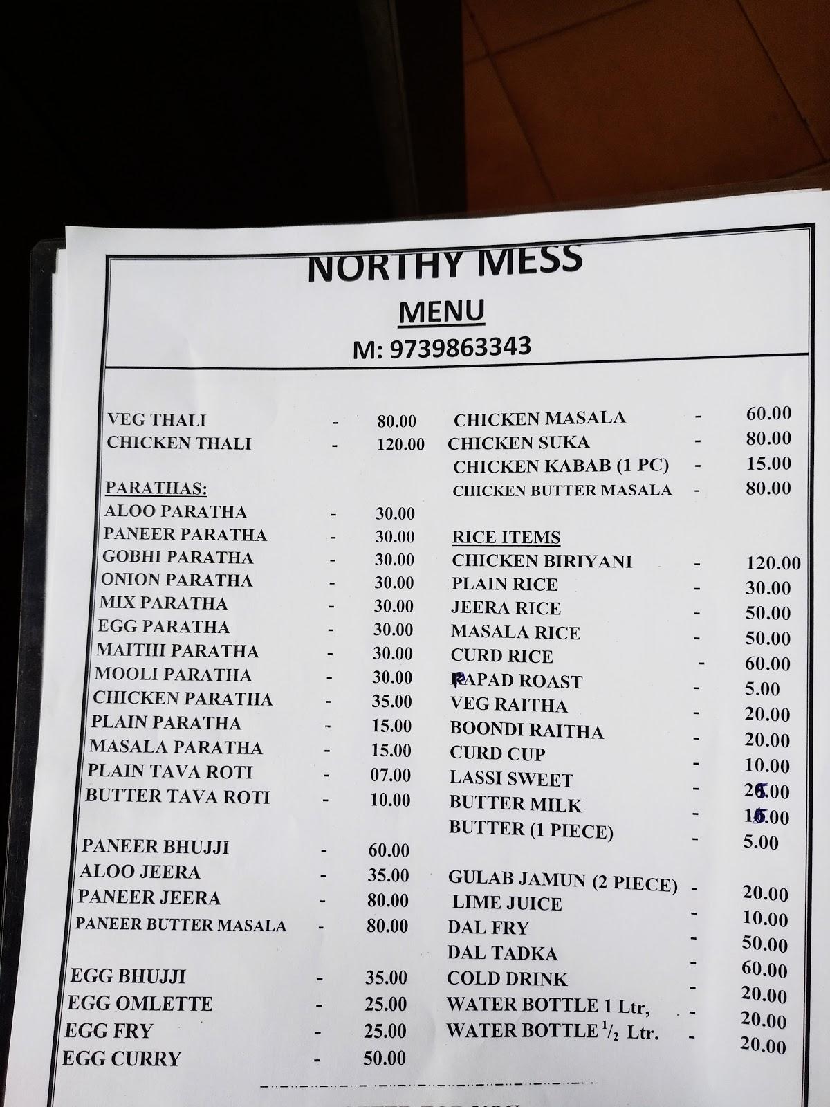 Menu at Northy Mess, Manipal, Manipal
