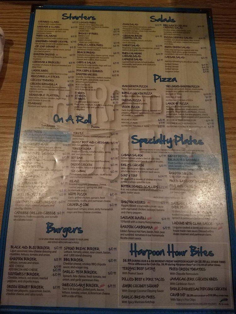Menu at Harpoon Eddie's pizzeria, Sylvan Beach