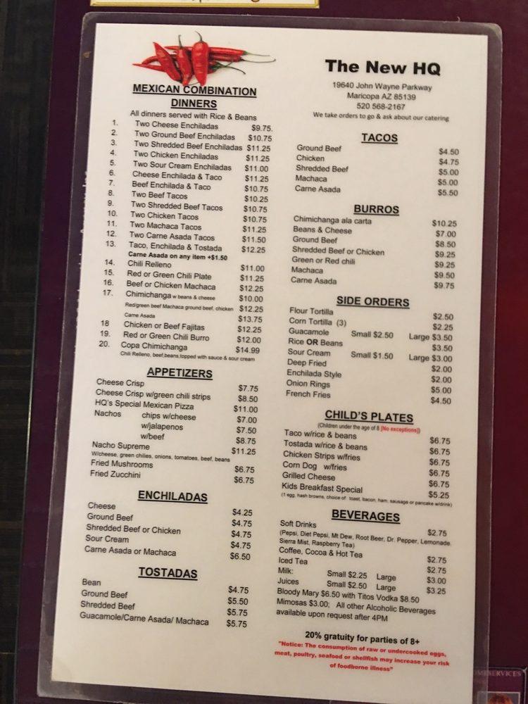 Menu at Headquarters Cafe, Maricopa, N Maricopa Rd