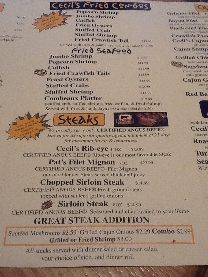 Menu at Cecil's Cajun Kitchen restaurant, DeRidder