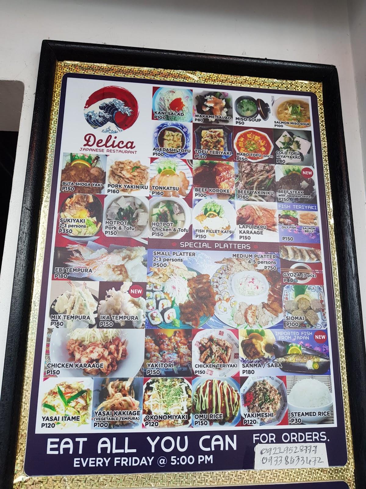 Menu at Delica Japanese Restaurant and Bento, Legazpi City