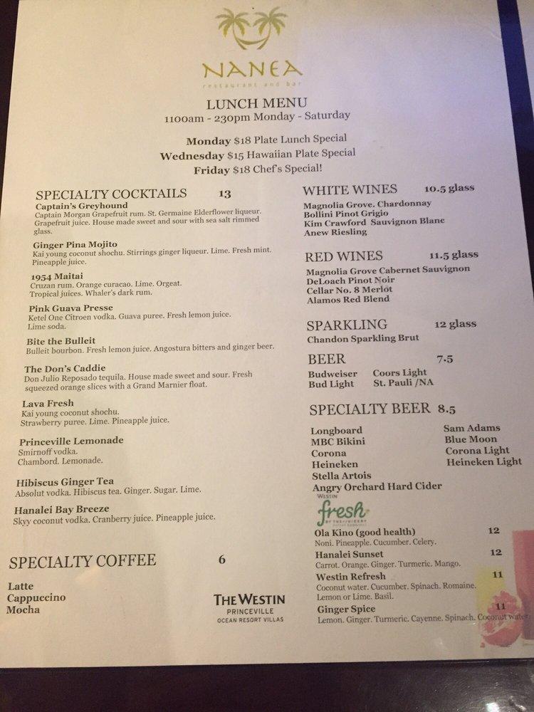 Menu at Nanea Restaurant and Bar, Princeville