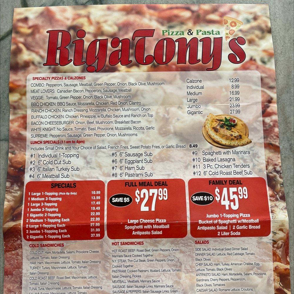 Menu at RigaTony’s Pizza & Pasta pizzeria, Lancaster