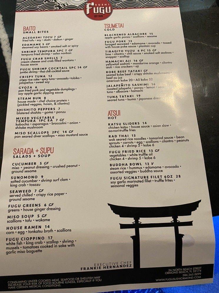 Menu at Fugu Sushi restaurant, Ormond Beach