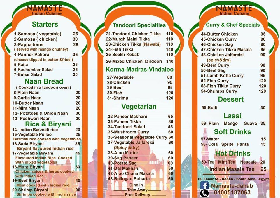 Menu At Namaste Indian Food Restaurant Dahab