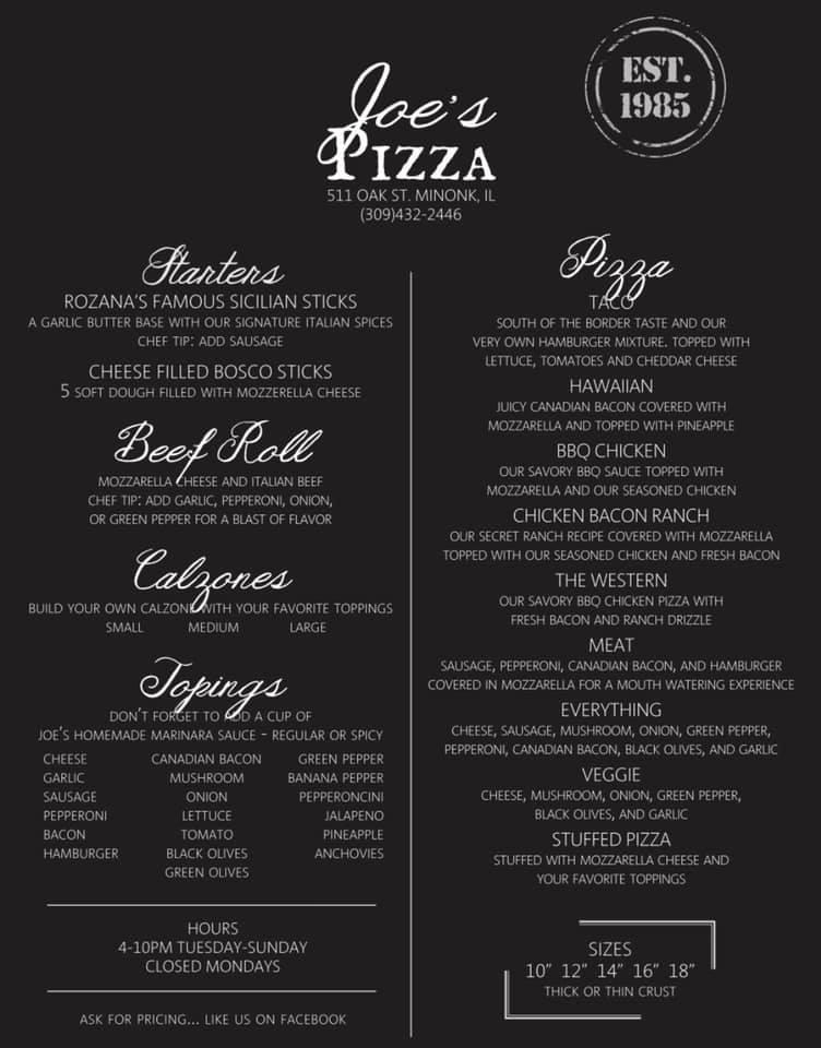 Menu at Joe's Pizza (Minonk IL) pizzeria, Minonk