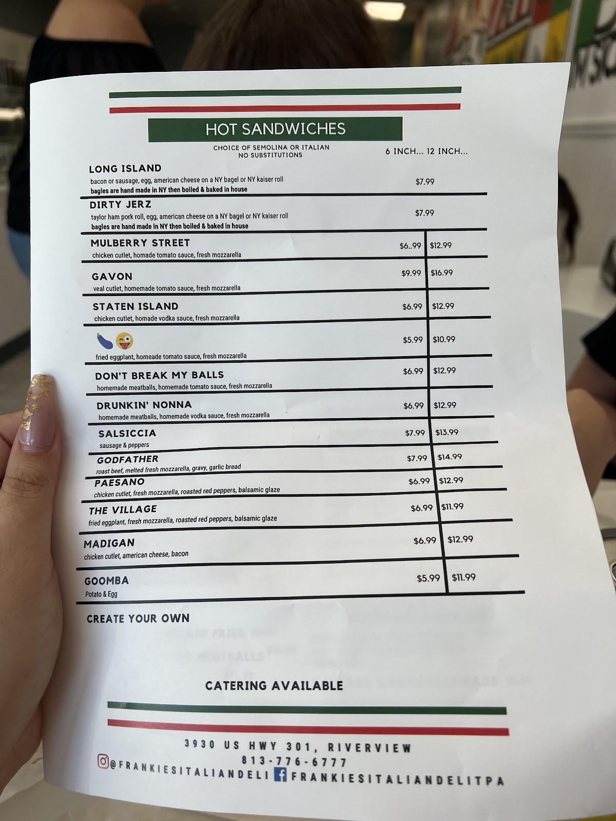 Menu at Frankie's Italian Deli Tpa restaurant, Riverview