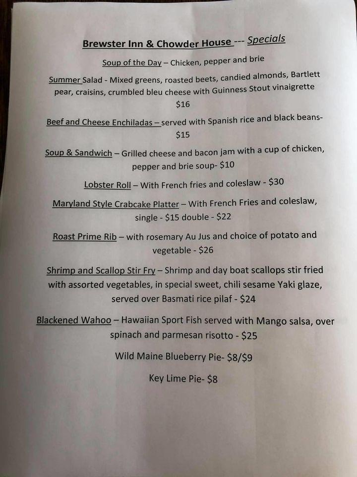 Menu at Brewster Inn & Chowder House restaurant, Brewster