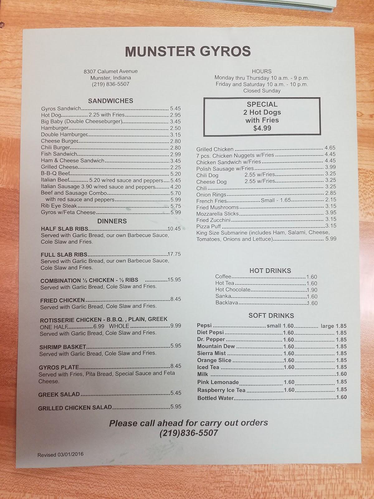 Menu at Munster Gyros restaurant, Munster, Calumet Ave