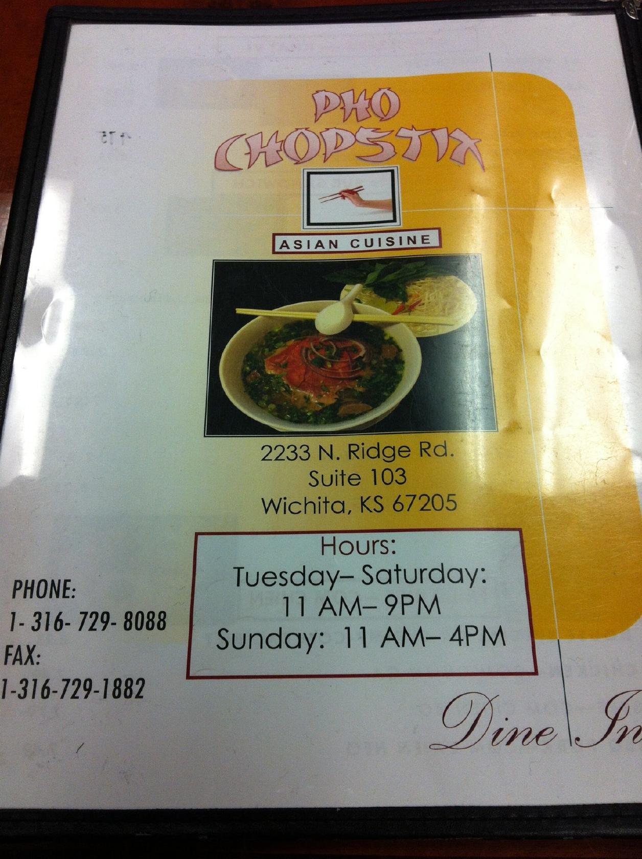 Menu at Pho Chopstix restaurant, Wichita, N Ridge Rd 103