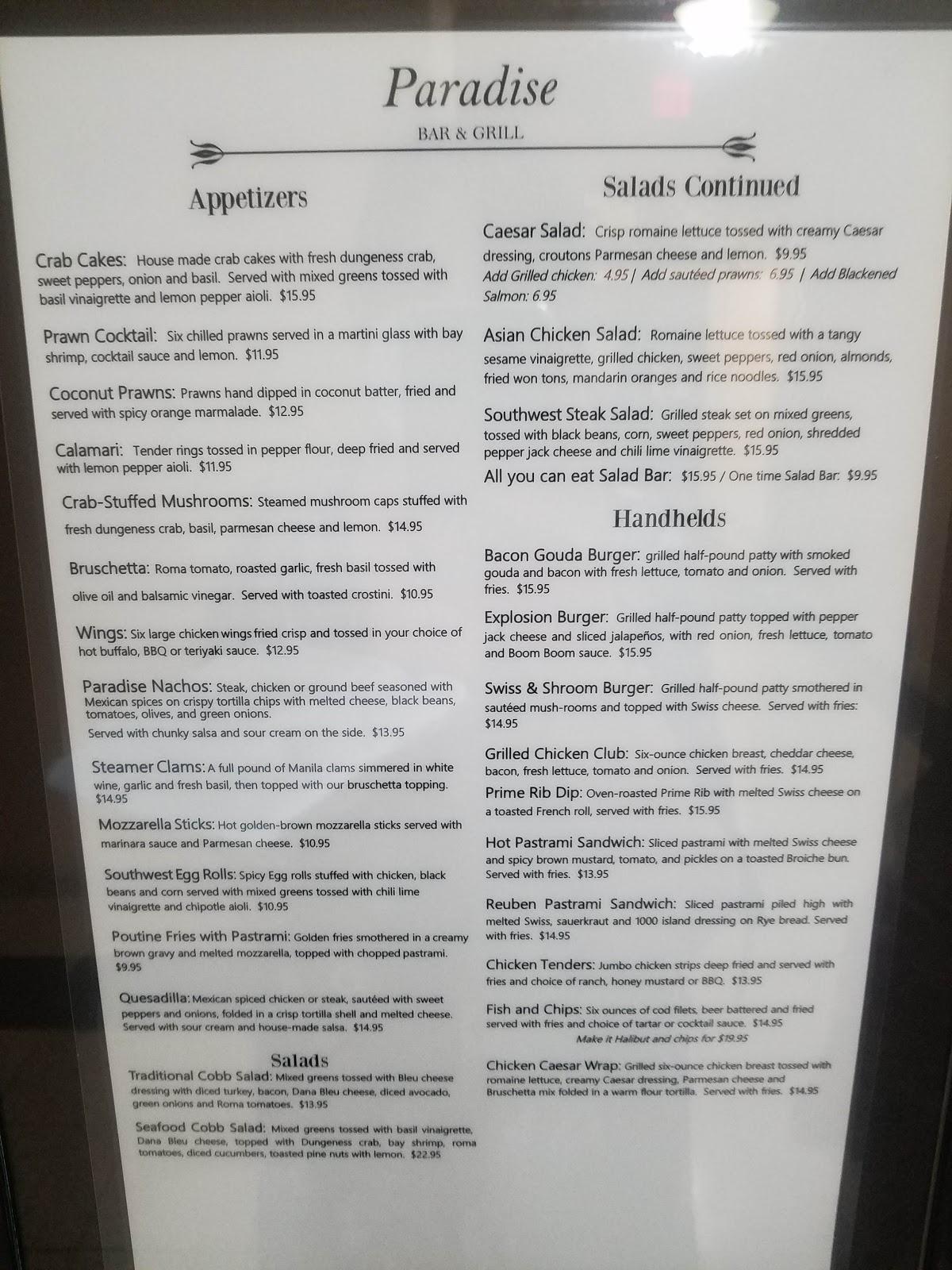 Menu at Paradise Bar & Grill, Moses Lake, 3000 W Marina Dr
