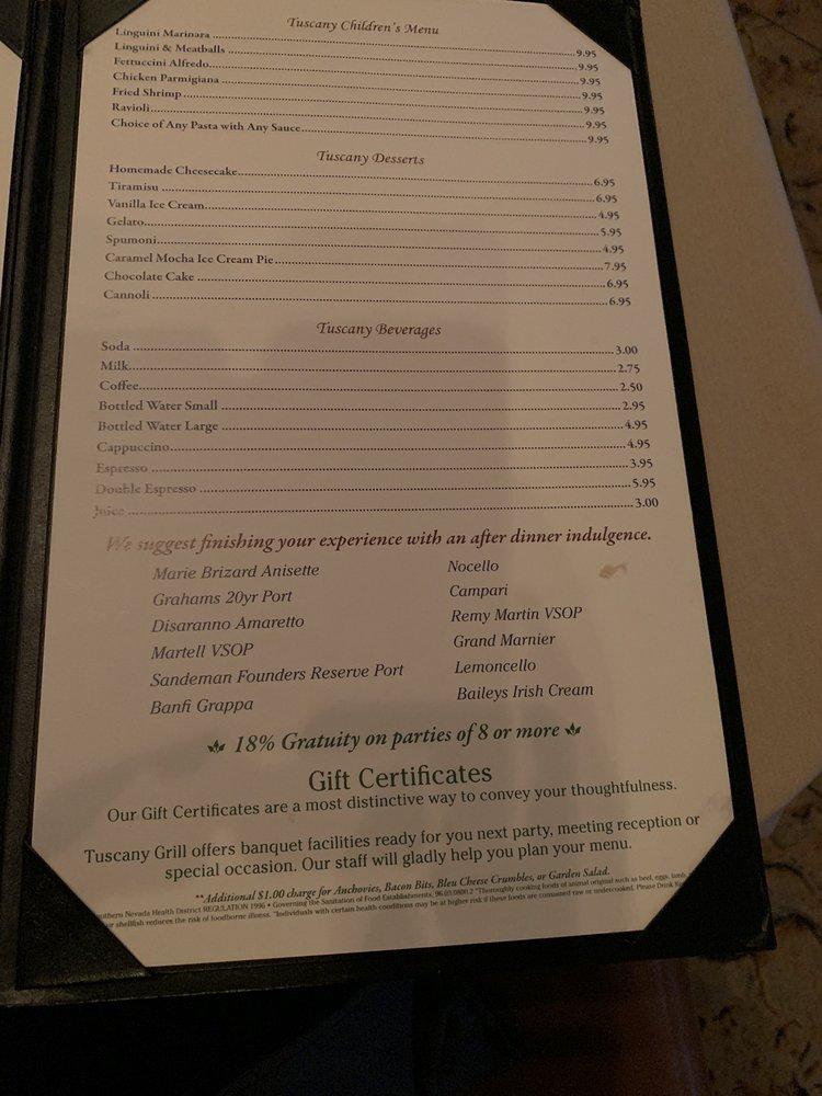 Menu at Tuscany Grill restaurant, Henderson
