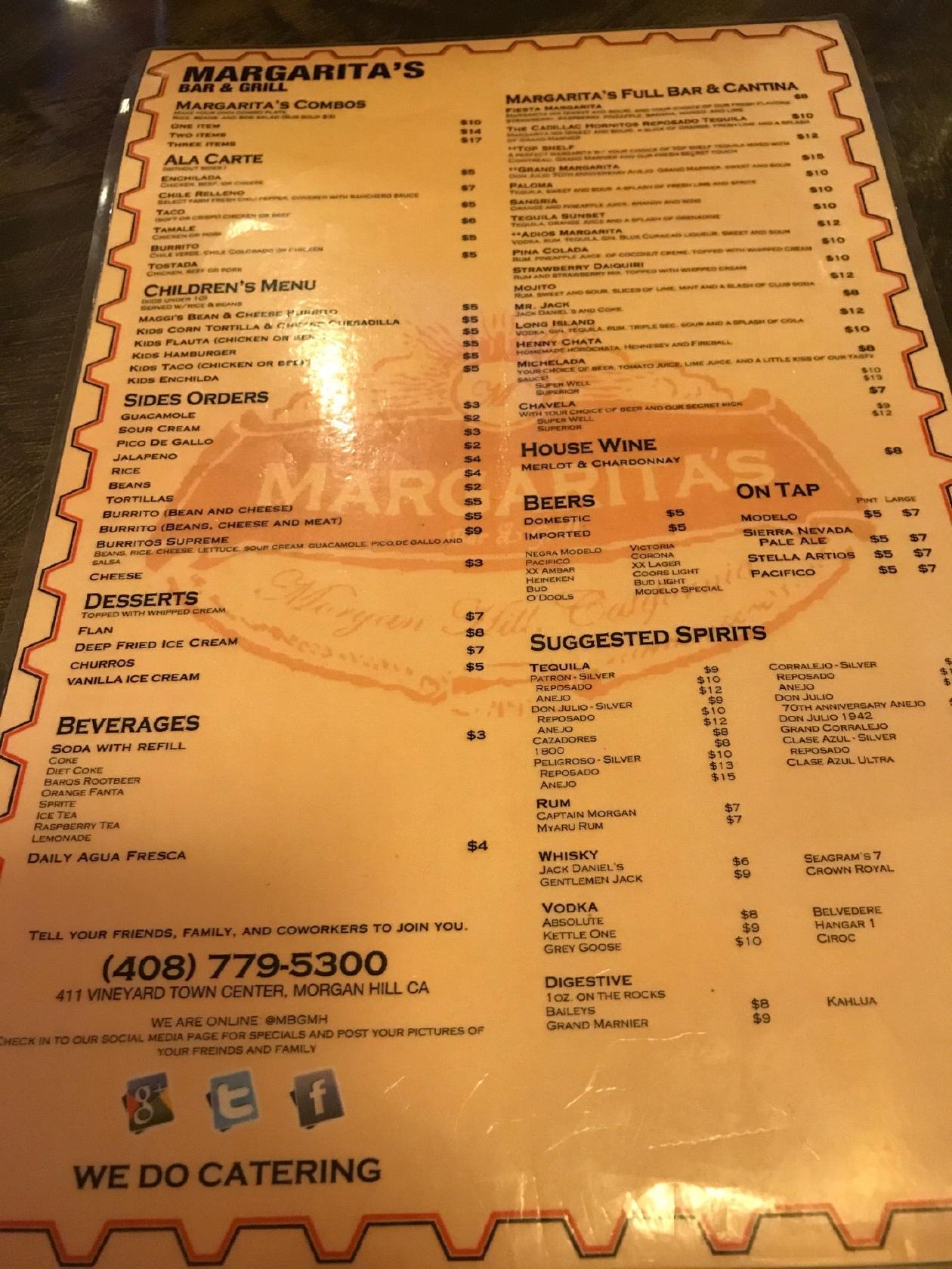 Menu at Margarita's Bar & Grill, Hill