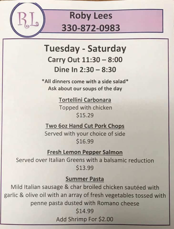Carta de Roby Lee's Restaurant & Banquet Center, Newton Falls