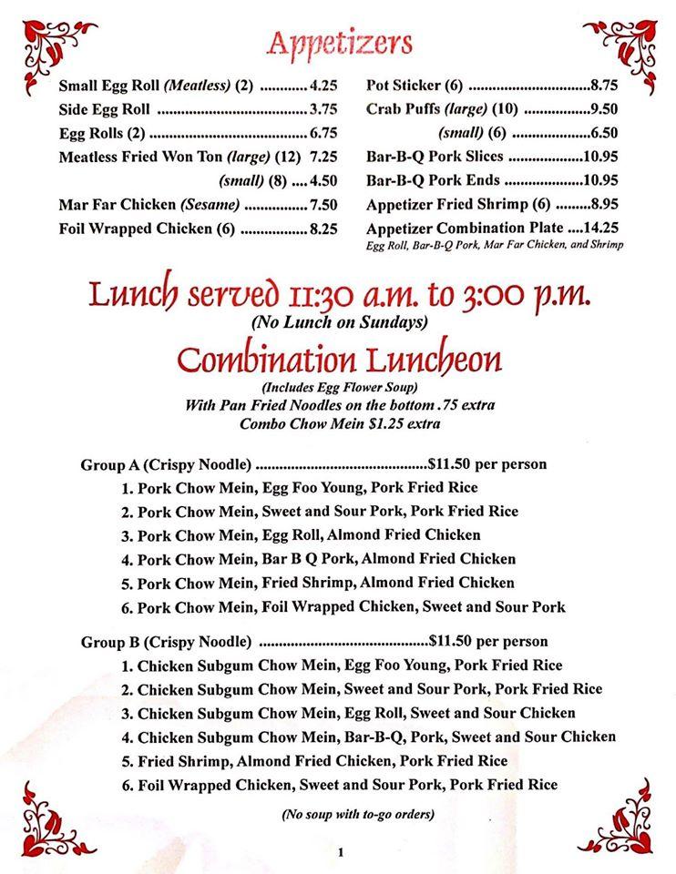 Menu at Ming Wah Restaurant, Spokane