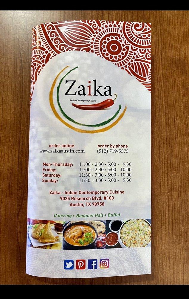 Menu at Zaika Indian Cuisine restaurant, Austin