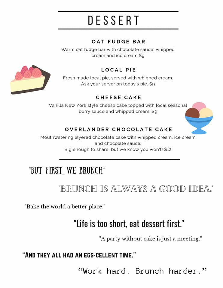 Menu at The Overlander restaurant, Armstrong
