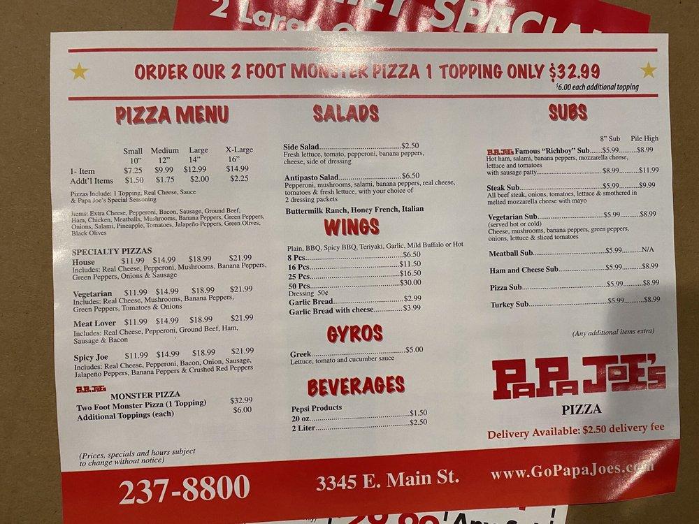 Menu at Papa Joe's Pizza pizzeria, Columbus, E Main St