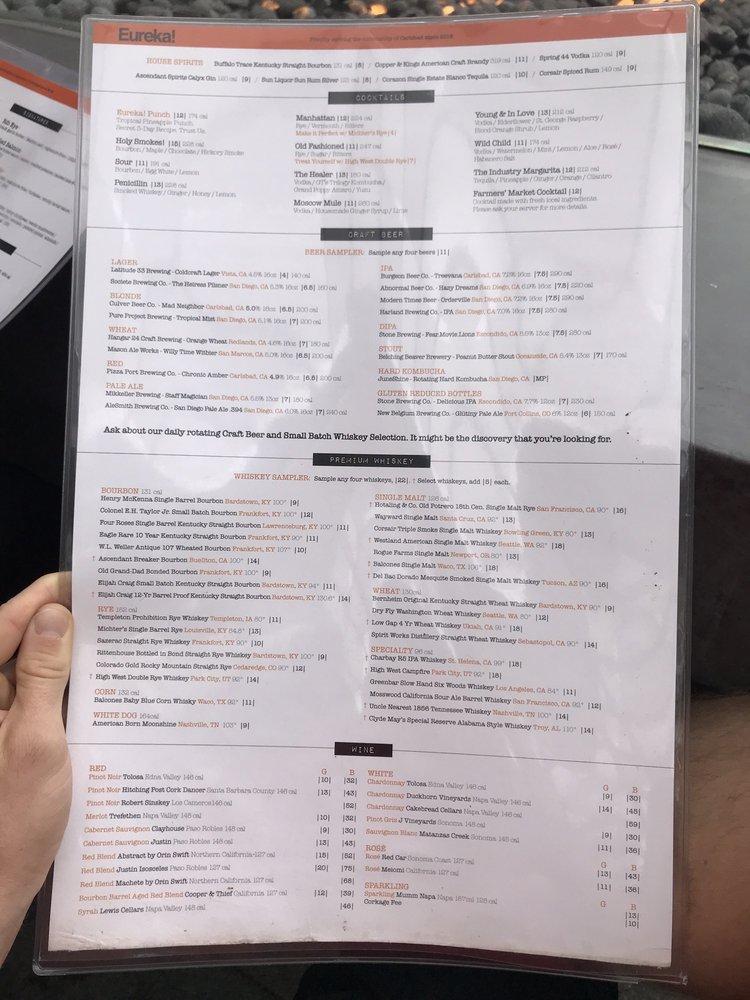 Menu at Eureka! restaurant, Carlsbad