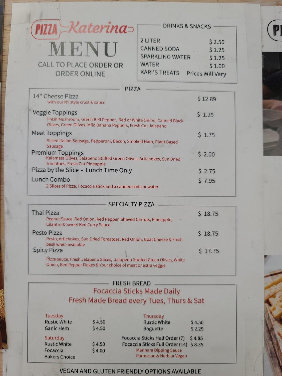 Carta de pizzería Pizza Katerina, Kalamazoo