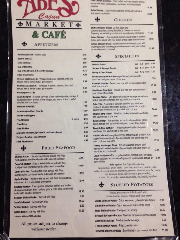 Menu at Abe's Cajun Market restaurant, Houston