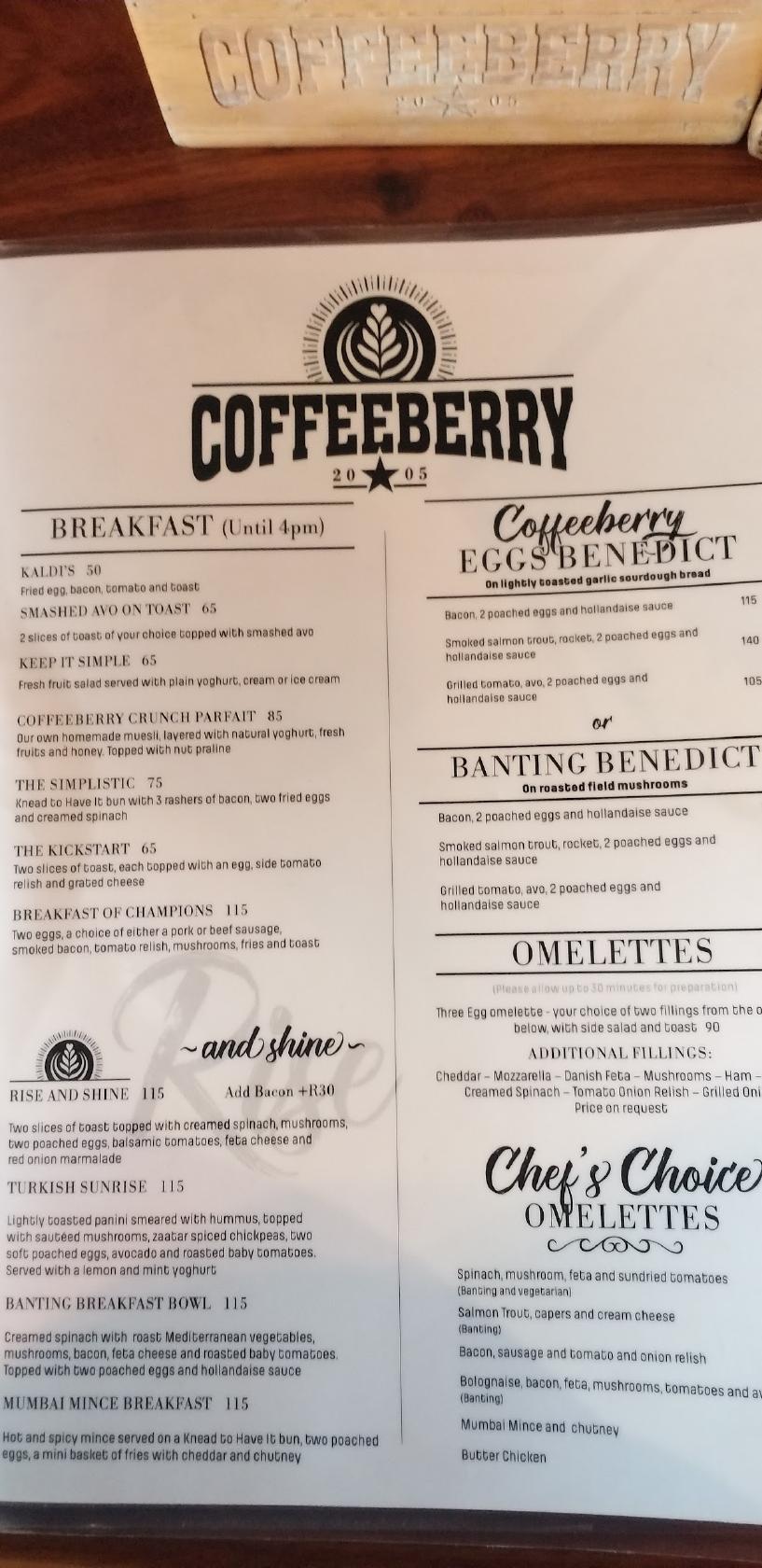 Menu at Coffeeberry Cafe Cascades, Pietermaritzburg