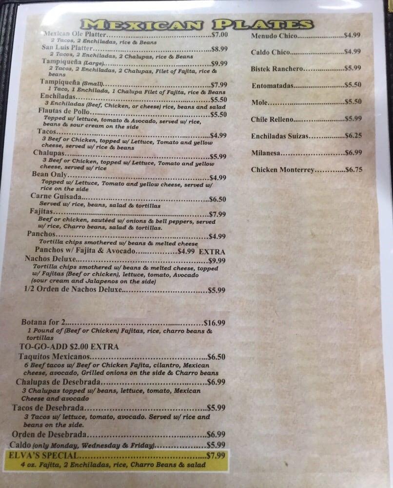 Menu At Elva's Restaurant, Los Fresnos, 680 E Ocean Blvd