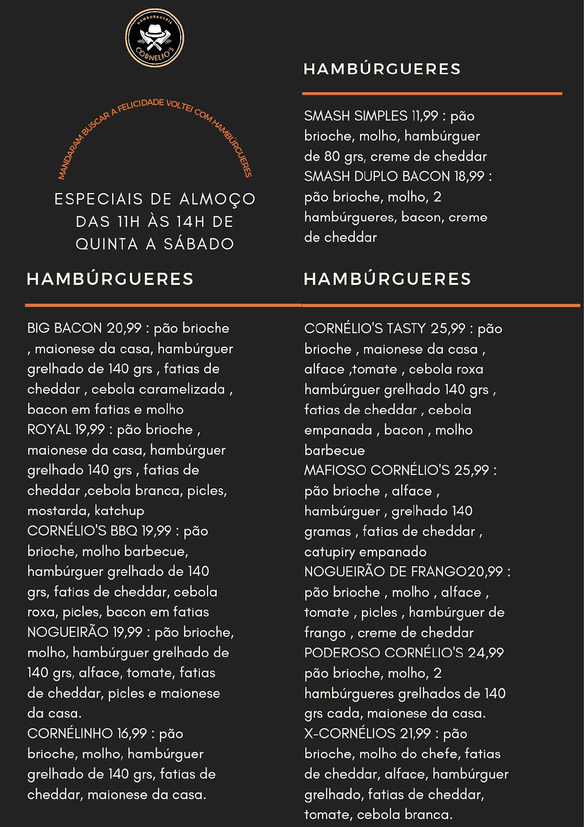 Menu at Hambúrgueria cornélio's restaurant, Diadema