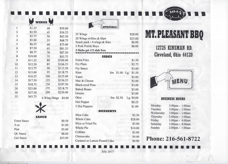 Carta de Mount Pleasant BBQ, Cleveland