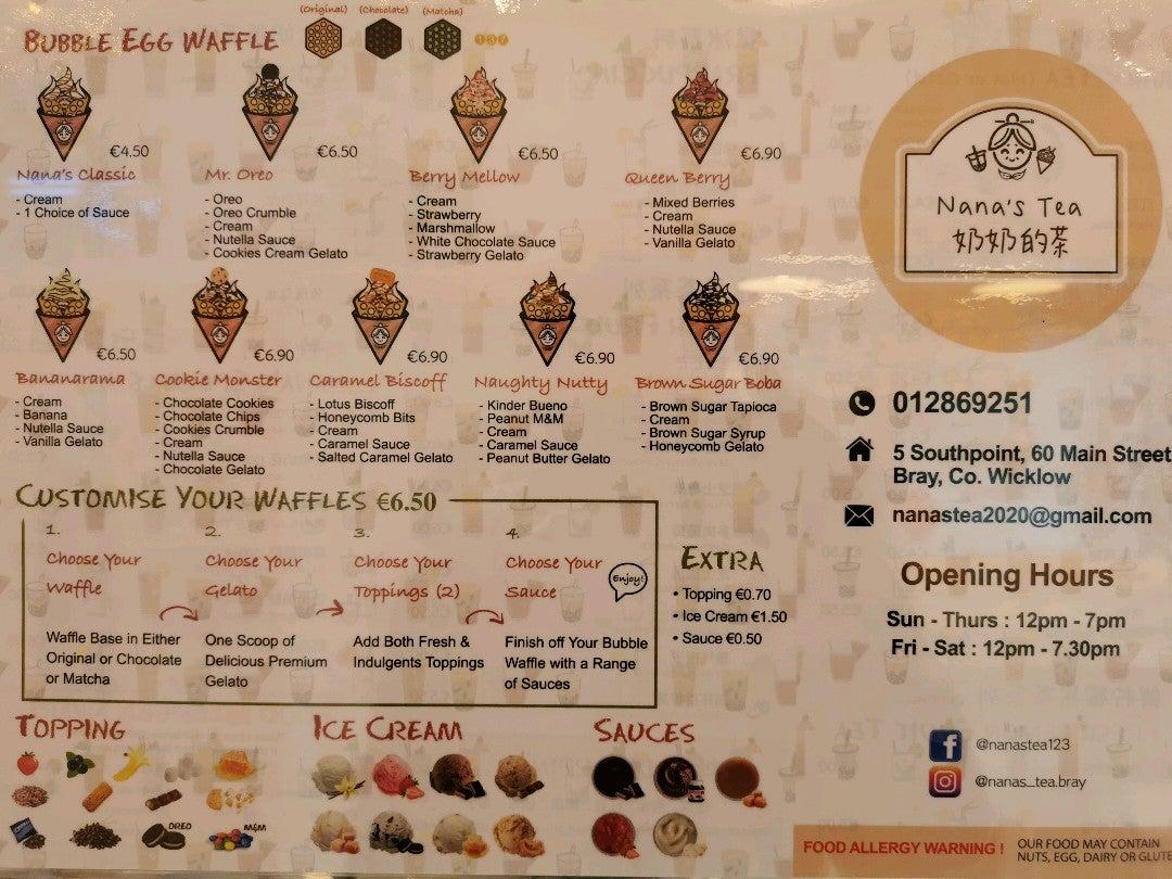 Menu at Nana's Tea, Bray