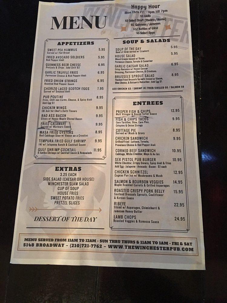 Menu at The Winchester pub & bar, San Antonio
