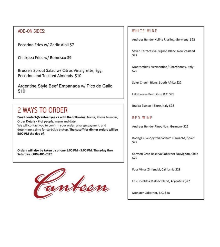Menu at Canteen restaurant, Edmonton