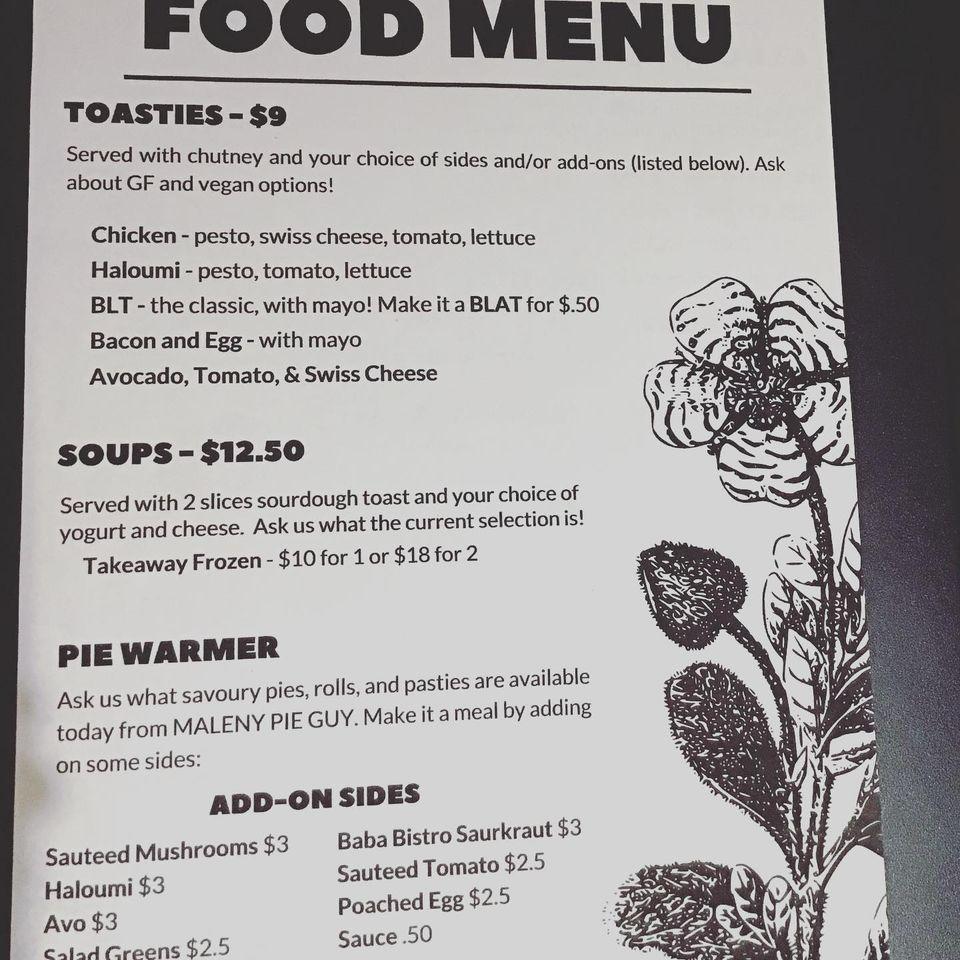 Menu at Flowerpot Coffee Shop, Conondale, Crystal Waters 65 Kilcoy Lane