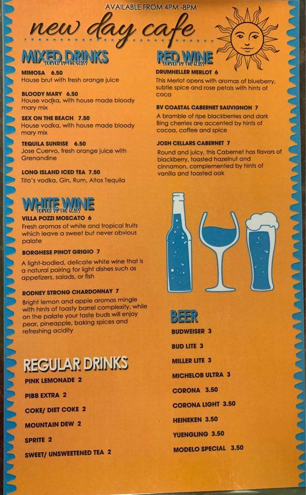 Menu at New Day Cafe, Leland