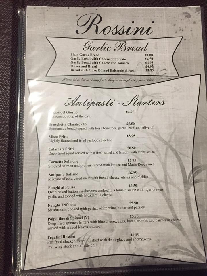 Menu at Rossini restaurant, Mansfield