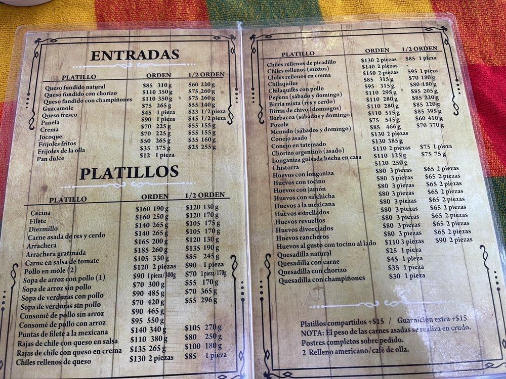 Carta del restaurante Los Portales del Suchitlán, Suchitlán